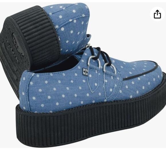 T.U.K Unisex Blue and White Denim Polka Dot Viva Mondo Creeper Platforms - Picture 1 of 9